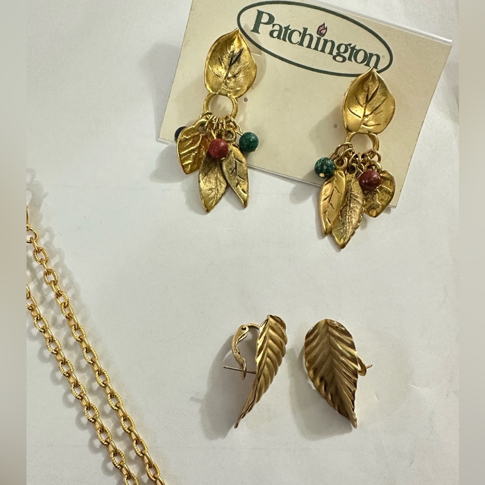 Patchington Gold Leaf Necklace and Earring Set with Red and Green Accents - Picture 3 of 3